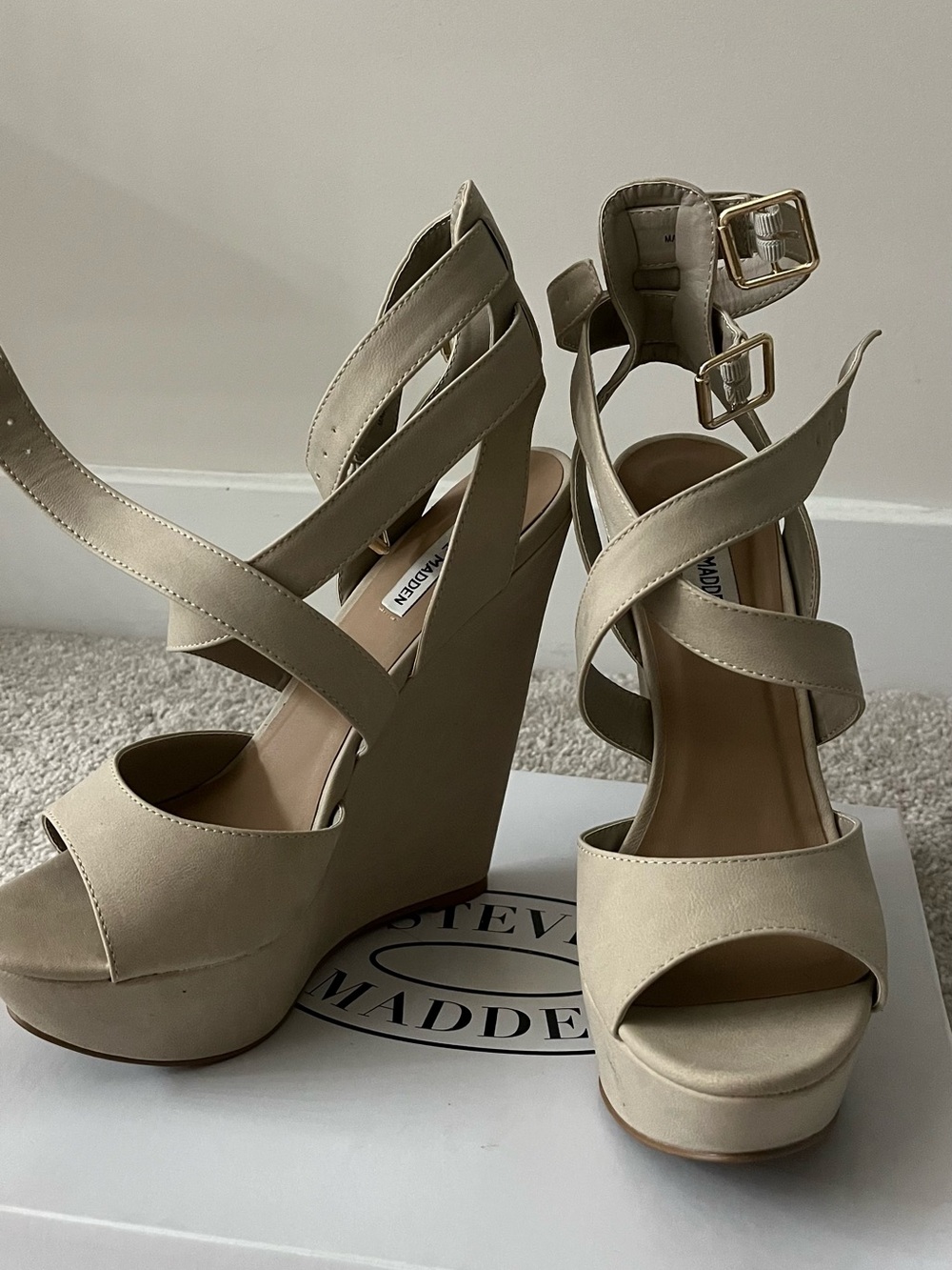 Steve Madden Taupe Crisscross Wedge Sandals